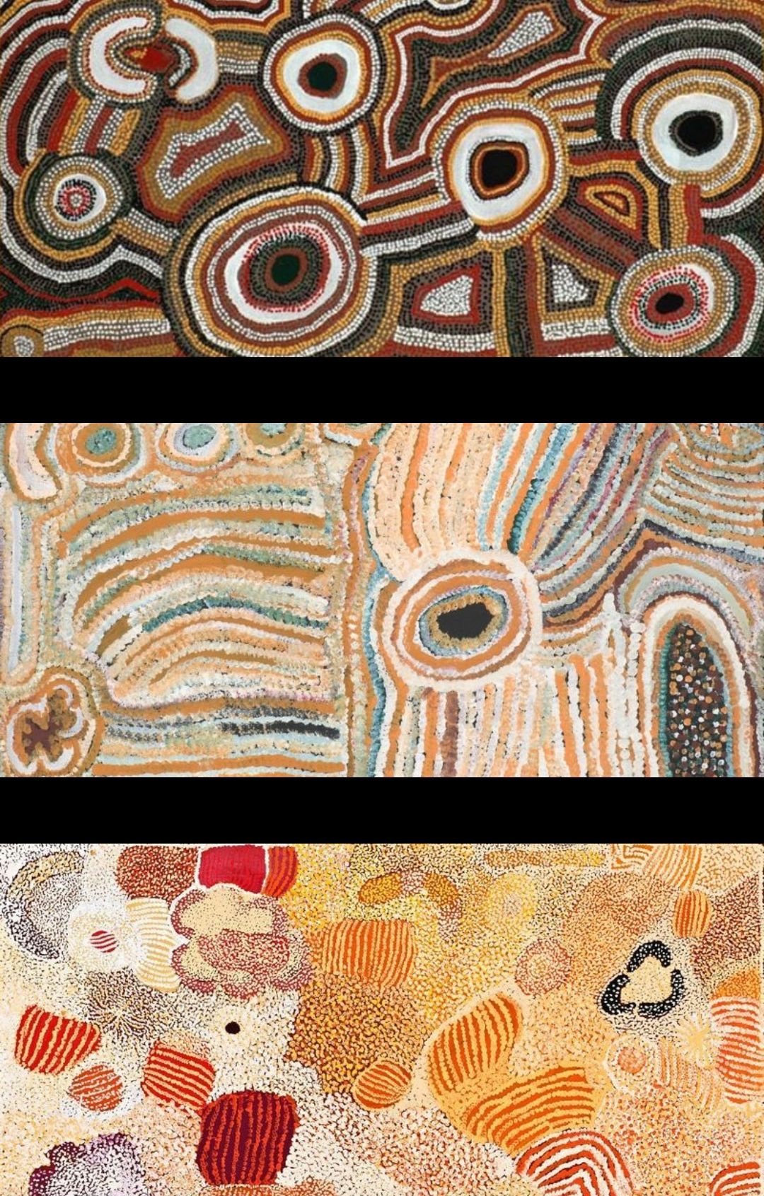 Comparison showing the evolution of Elizabeth Nyumi's painting style from early, structured Western Desert compositions with concentric circles, through a transitional period of flowing bands and ragged dot lines, to her mature luminous Parwalla paintings with expansive white dot fields.