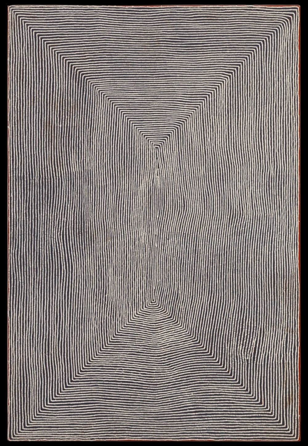 Abstract Aboriginal painting by Warlimpirrnga Tjapaltjarri featuring thousands of fine white parallel lines on a black background. The lines form a symmetrical stepped geometric design that converges towards the centre, creating a striking optical illusion of depth and movement.