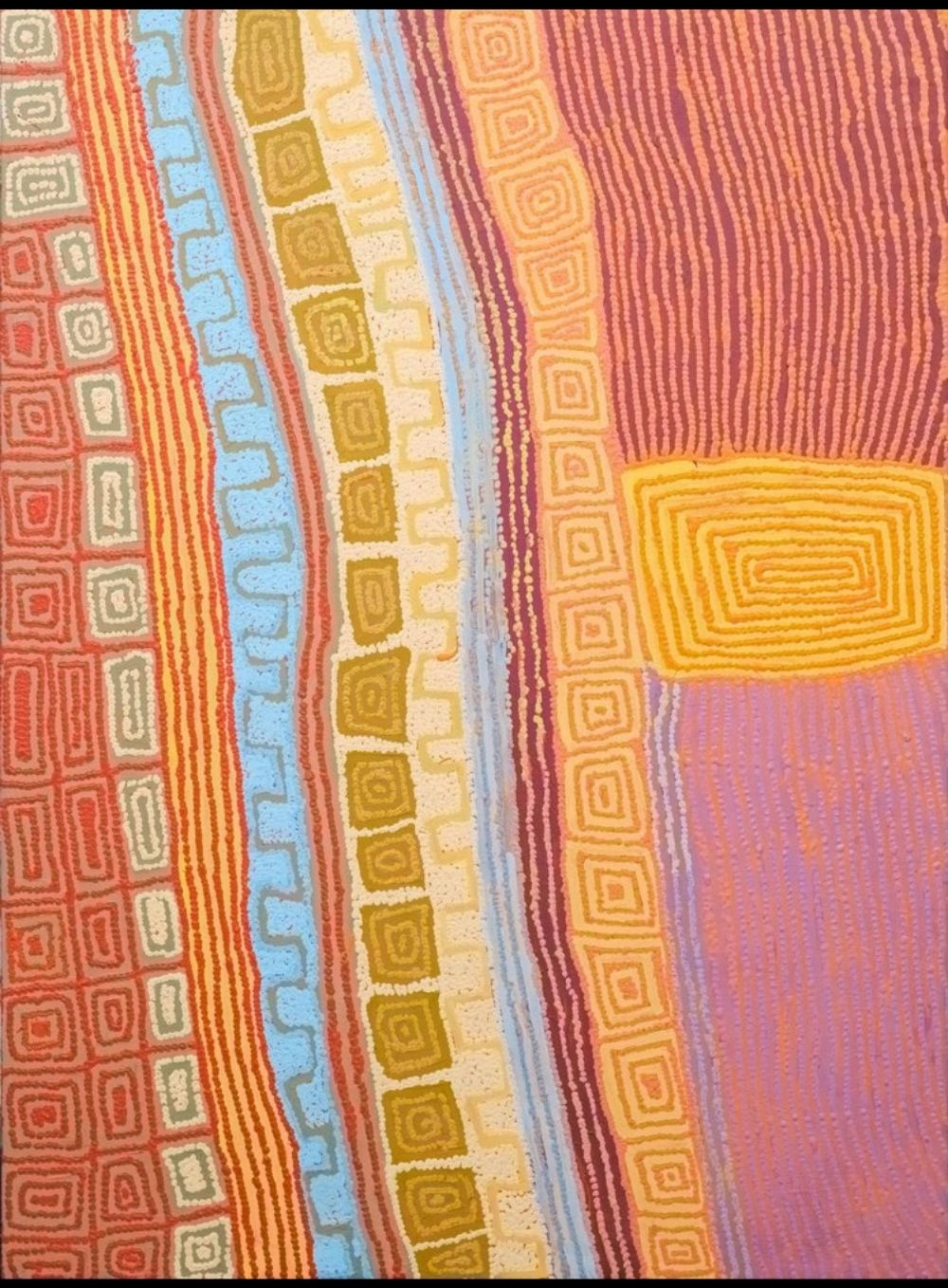 Tingari and Country (2010) by Patrick Tjungurrayi featuring flowing bands of colour, rectilinear motifs and parallel lines representing the Tingari ancestral landscape.