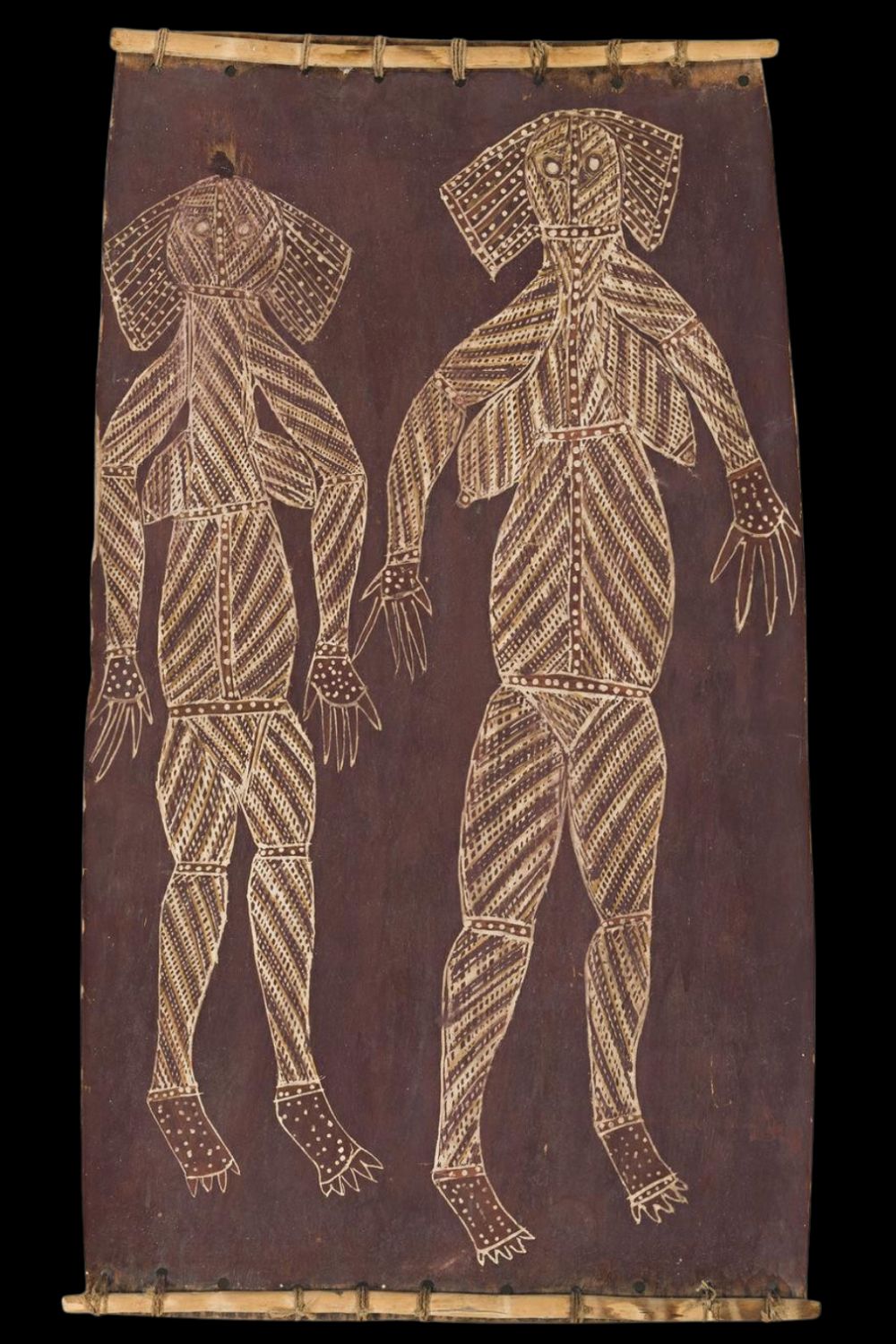 Jackie Madagarlgarl bark painting depicting two female ancestral figures in the traditional Gunbalanya style with natural ochre pigments.
