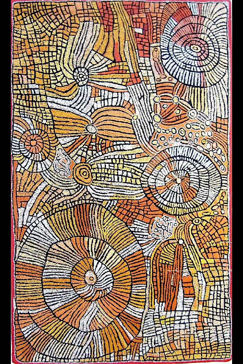 Acrylic painting by Naata Nungurrayi, 2003, featuring flowing sandhill forms, concentric ceremonial sites and delicate white dotting.