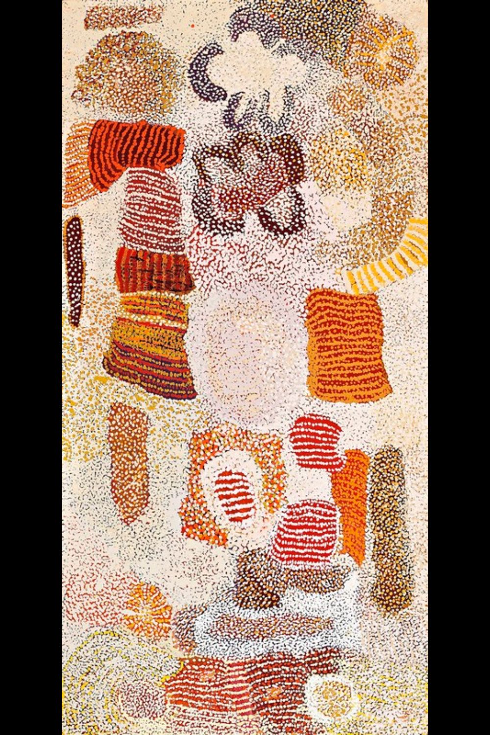Elizabeth Nyumi Parwalla painting showing luminous white dot fields, red and orange sandhills and bush foods in her distinctive mature Balgo style.