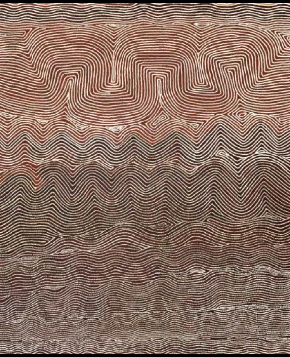 Abstract painting by Warlimpirrnga Tjapaltjarri composed of thousands of fine parallel white, black and ochre lines forming undulating horizontal bands and stepped geometric motifs inspired by Tingari Country.