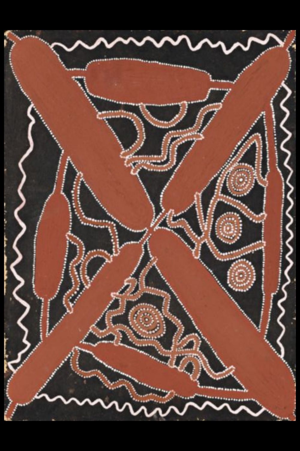 Early Papunya Board by Tommy Lowry Tjapaltjarri featuring bold elongated forms, flowing ancestral pathways and concentric ceremonial sites.