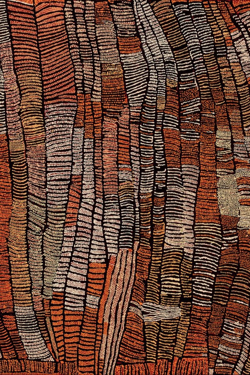 Detail of a Naata Nungurrayi painting showing flowing parallel bands representing the sandhills of Pintupi Country, created with delicate dotting and a restrained ochre palette