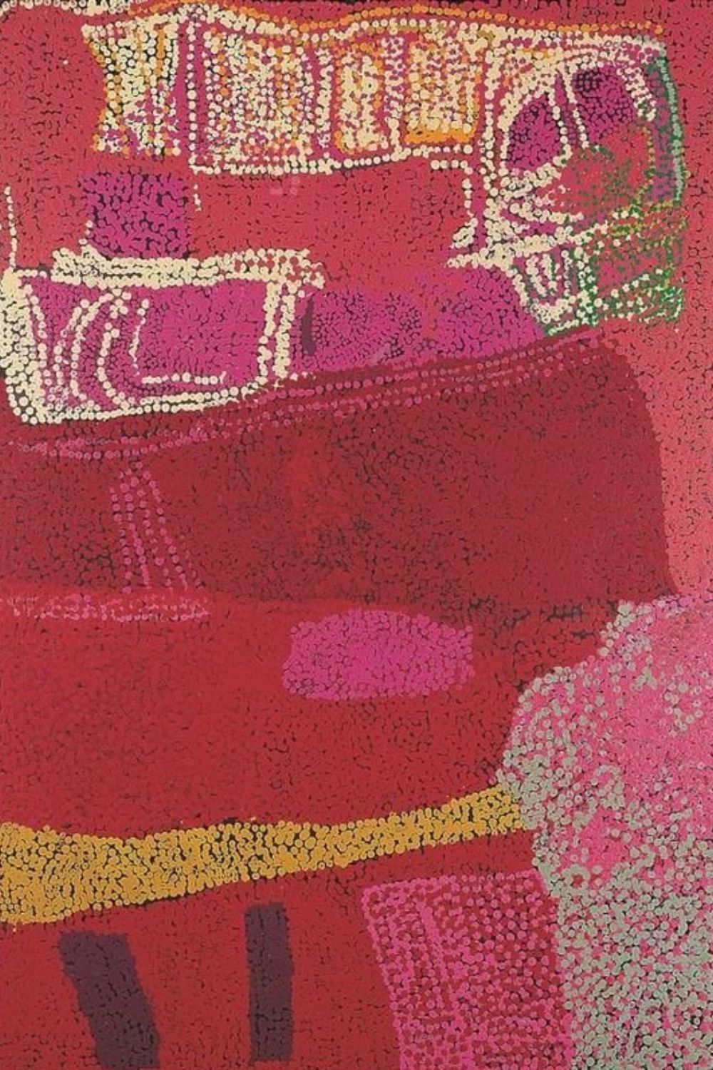 Detail of a Tommy Watson painting showing layered crimson, pink, burgundy and white dot fields with abstract forms characteristic of his distinctive Western Desert painting style.