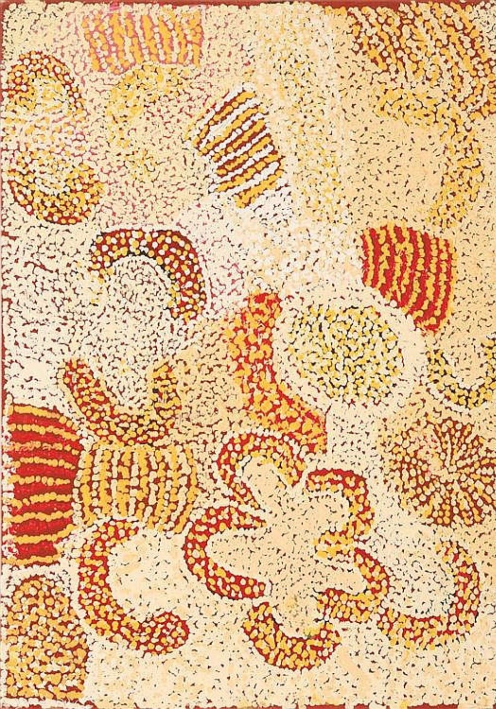 Elizabeth Nyumi painting of Parwalla featuring luminous white dot fields, red and yellow sandhills, bush foods and layered Balgo dot painting.