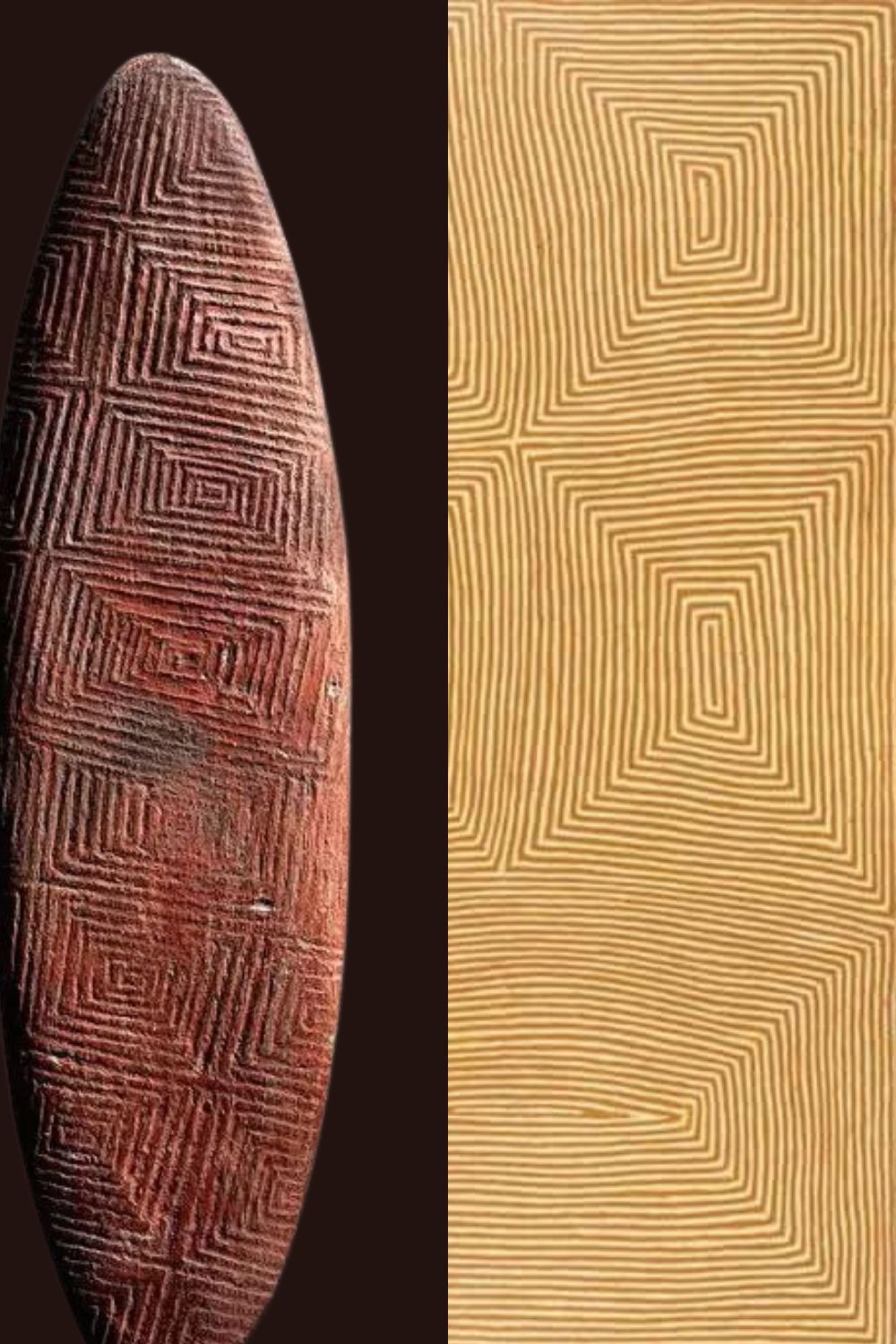 Traditional Western Desert ceremonial object beside a George Tjungurrayi painting showing similar nested square and parallel line patterns.