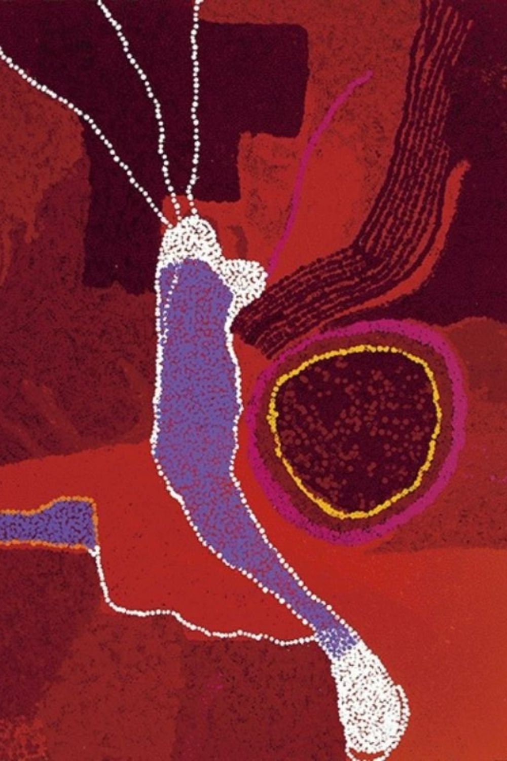 Detail of a Tommy Watson painting featuring rich crimson, burgundy, purple, blue and white abstract forms created with layered dotting characteristic of his mature Western Desert style.