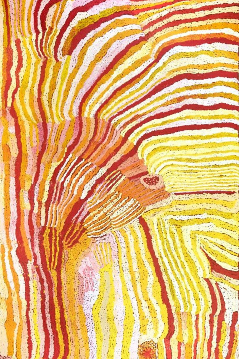 Elizabeth Nyumi painting depicting the flowing sandhills of Parwalla with layered bands of red, yellow, cream and white in her distinctive Balgo style.