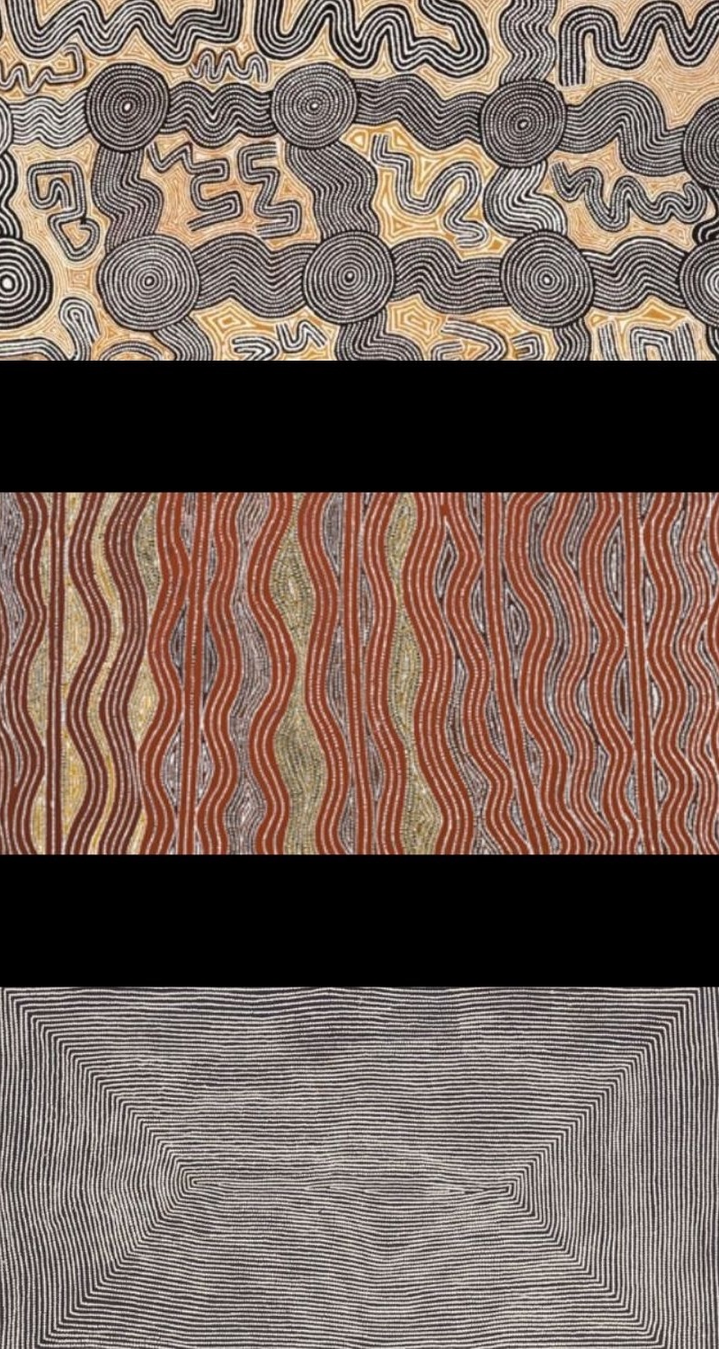 Three paintings by Warlimpirrnga Tjapaltjarri arranged vertically to illustrate the evolution of his style, from early works with concentric circles and connecting pathways, through transitional compositions dominated by flowing parallel lines, to mature minimalist paintings built almost entirely from finely painted geometric line fields.