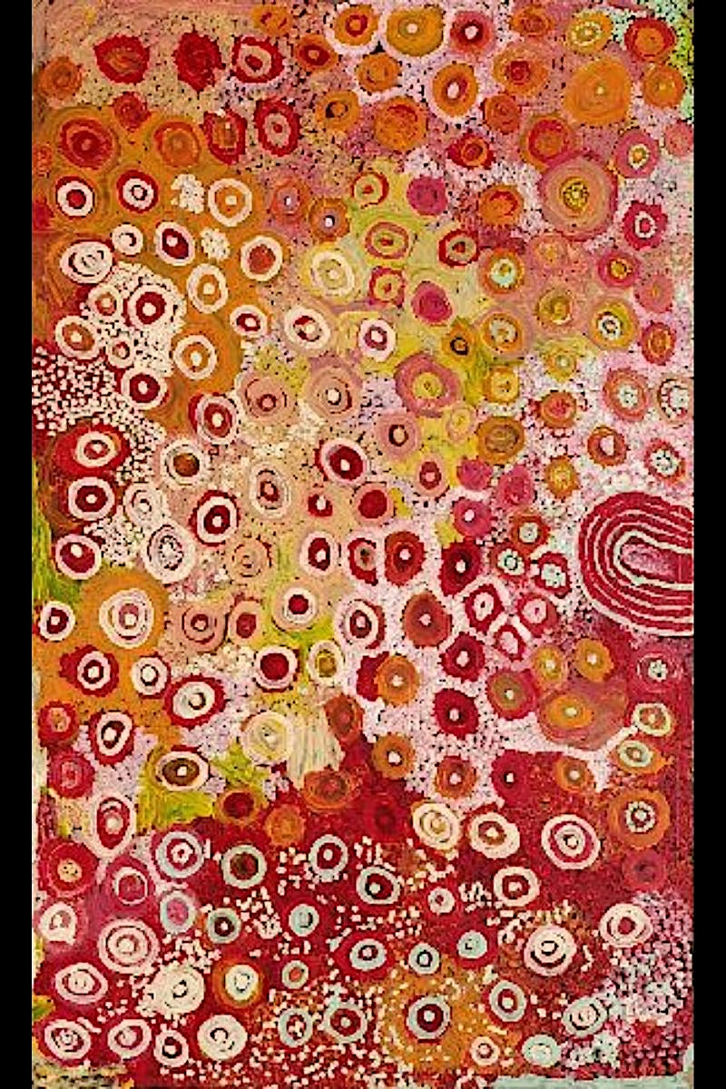 Detail of a painting by Naata Nungurrayi showing luminous fields of colour, layered dotting and flowing abstract forms characteristic of her mature Pintupi style.