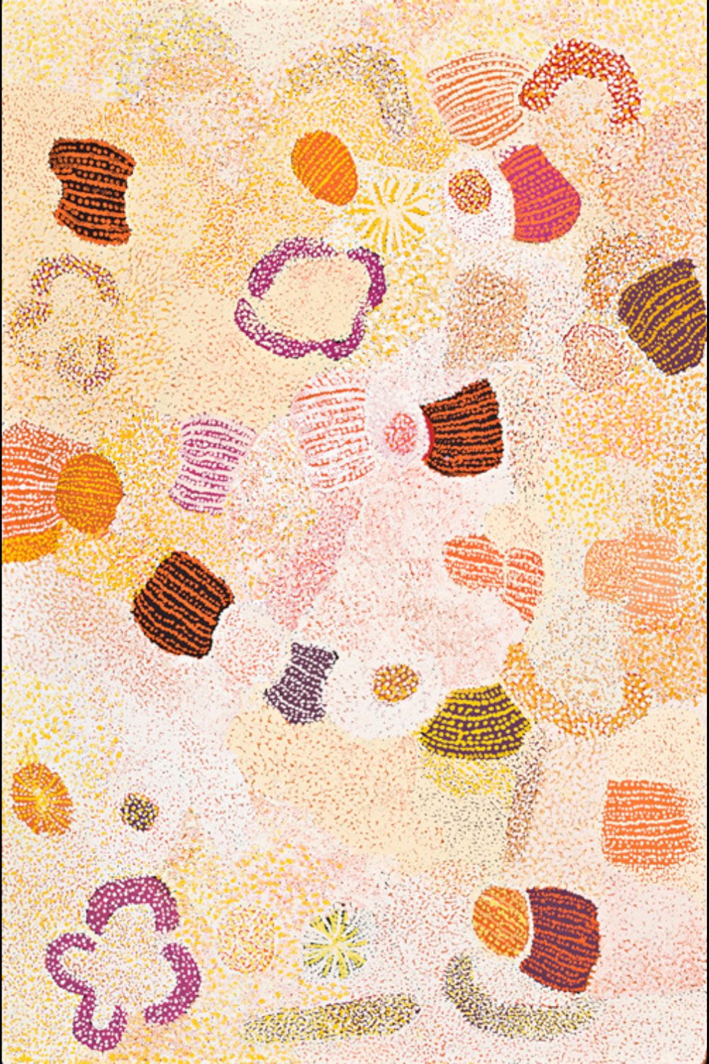 Elizabeth Nyumi painting of Parwalla showing luminous white dot fields, colourful bush food motifs and sandhill forms inspired by the seasonal abundance of her father's Country