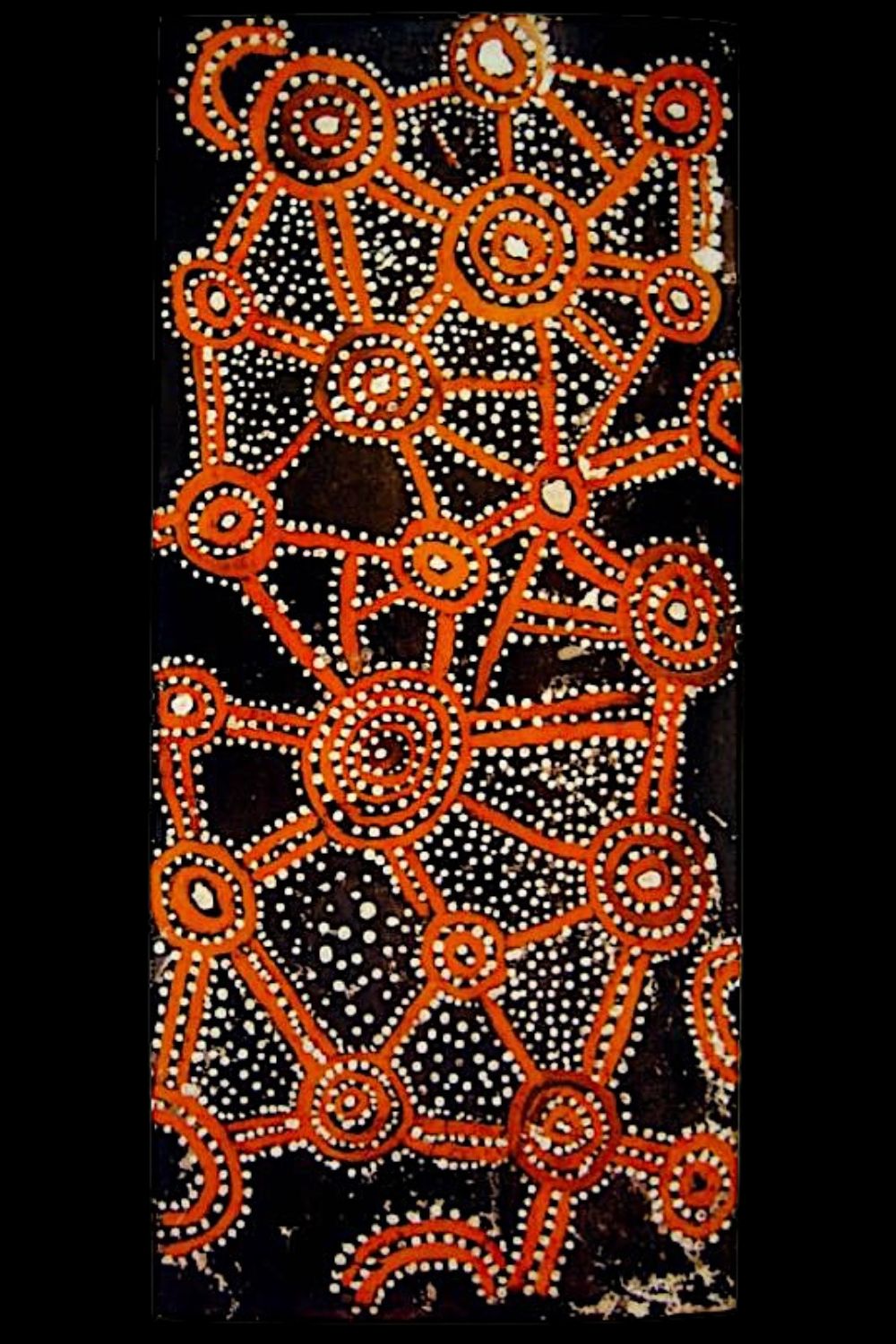 Untitled Papunya Board by Old Tutuma Tjapangati, c. 1971–1972, depicting interconnected ceremonial sites linked by ancestral travelling lines in early Western Desert style.