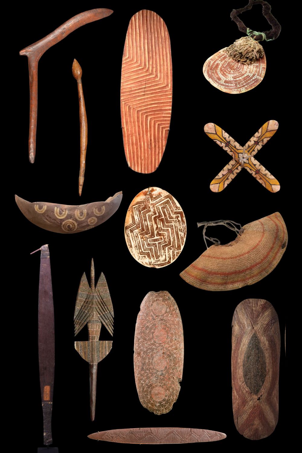 Aboriginal artefacts including boomerangs, shields, spear throwers, baskets, pearl shells, clubs and ceremonial objects from across Australia.