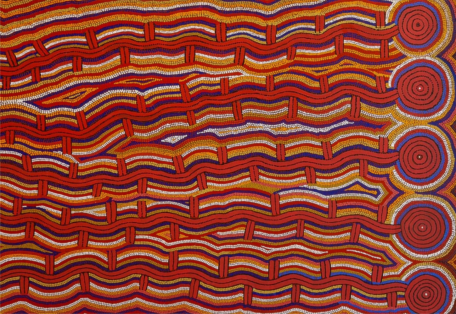 Water Dreaming painting by senior Warlpiri artist Dinny Nolan Tjampitjinpa featuring ceremonial waterholes connected by flowing ancestral pathways in the Western Desert painting tradition.