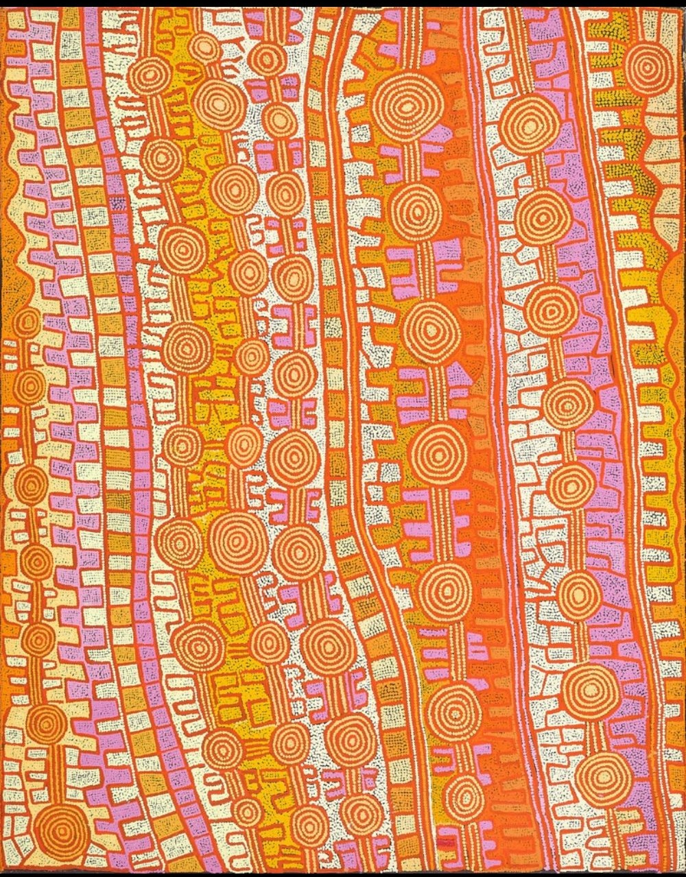 Abstract Tingari painting by Patrick Tjungurrayi featuring concentric circles, parallel travelling lines and vibrant Balgo-inspired colours.