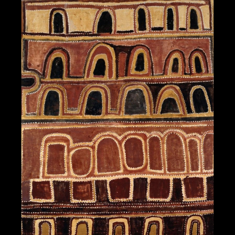 A Big Hill Gumeri on Bedford Downs Station by Paddy Jaminji, 1984, an East Kimberley painting in natural earth pigments and bush gum on canvas.