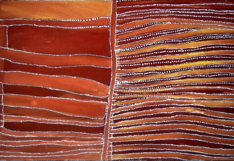 Rover Thomas painting of heavy rain falling across red, orange and brown Country. Dozens of horizontal rows of white dots and dark ochre lines cover the canvas, becoming especially dense on the right. A narrow vertical band divides the composition, while broad red and orange areas on the left are crossed by more widely spaced dotted lines.
