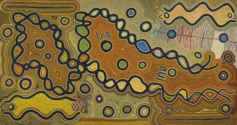 Judy Watson Napangardi painting Women’s Dreaming, 1995, with large sinuous black-outlined forms, concentric circles and repeated linear motifs across a wide field of ochre, yellow, green, grey and purple.