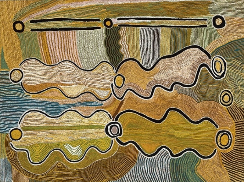 Maggie Watson Napangardi painting with four large undulating ochre forms outlined in black and white, long digging-stick motifs above, and flowing fields of fine green, brown, cream and blue lines.