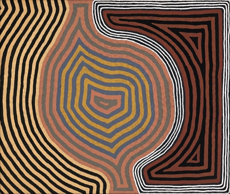 Ronnie Tjampitjinpa’s Tingari Ceremonies at the Site of Pintjun (1989), with a large central concentric form surrounded by sweeping parallel bands of black, white, ochre, red and grey.