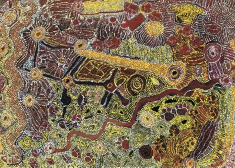 Wimmitji Tjapangarti's Untitled, 1990, with dense yellow, white and red dotting, circular sites and winding red pathways extending across the composition.