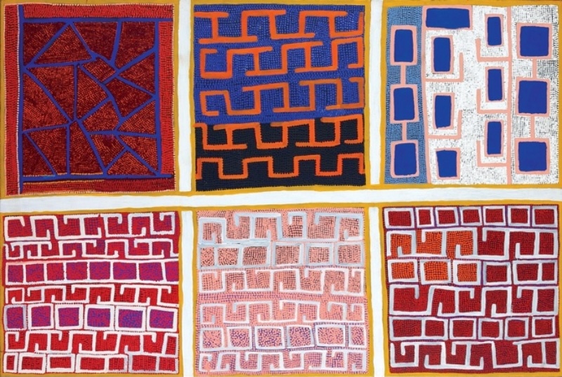 Boxer Milner’s Purkitji (2003), divided into six rectangular panels filled with contrasting networks of angular lines, grids and geometric forms in red, blue, orange, pink and white.