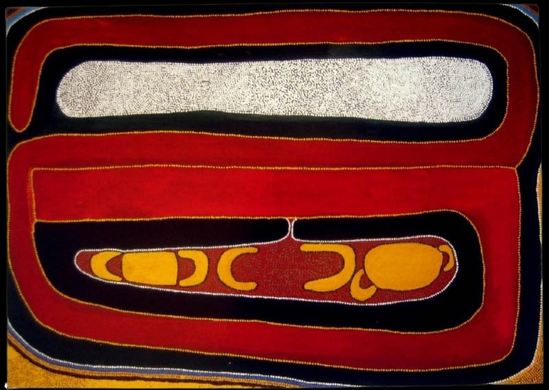 Sunfly Tjampitjin's Yapinti – Pinki Dreaming, with broad red and black bands surrounding white dotted fields and central yellow and red ancestral forms.
