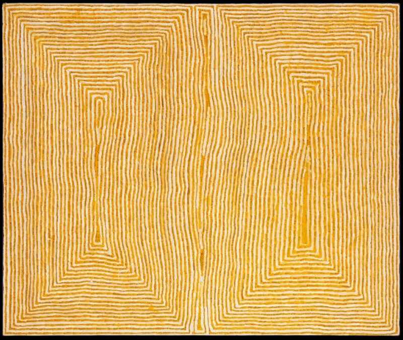 Tjumpo Tjapanangka Wati Kutjarra (Two Brothers) 2004, composed of dense parallel yellow ochre lines forming two elongated geometric fields on a white ground.