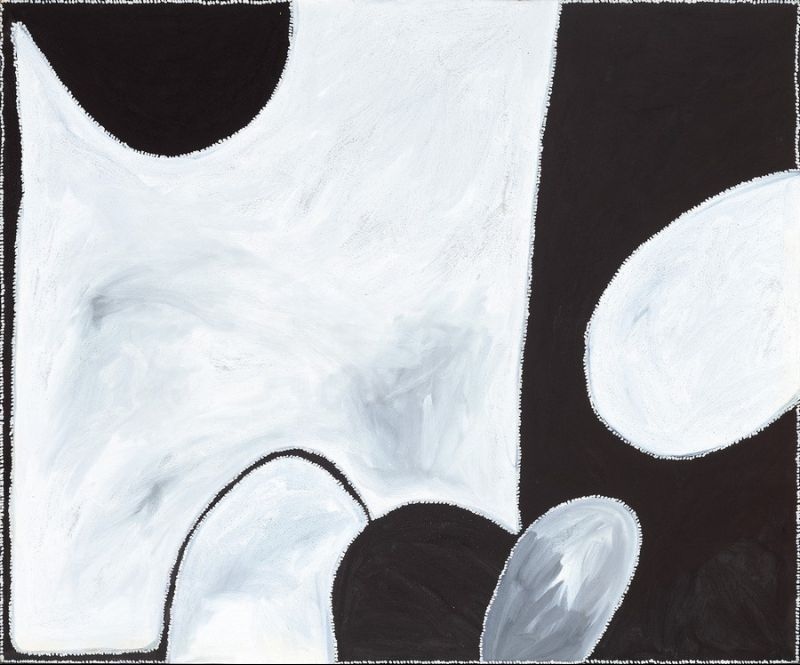 Abstract Aboriginal painting by Paddy Bedford with luminous white and grey ochre fields, bold black forms, and organic shapes outlined with fine white dots