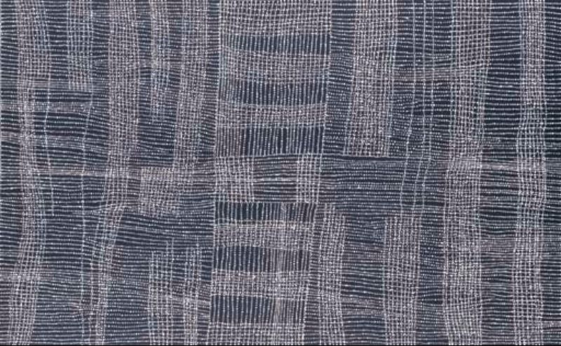Dorothy Napangardi Salt on Mina Mina 2001 acrylic on linen featuring shimmering white dotted bands across a black ground representing the salt pans of Mina Mina.