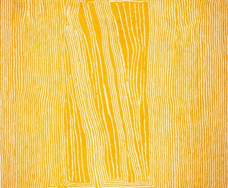 Tjumpo Tjapanangka Wati Kutjarra 2004, with dense parallel yellow and white lines forming two tall central shapes within a field of fine vertical lines.