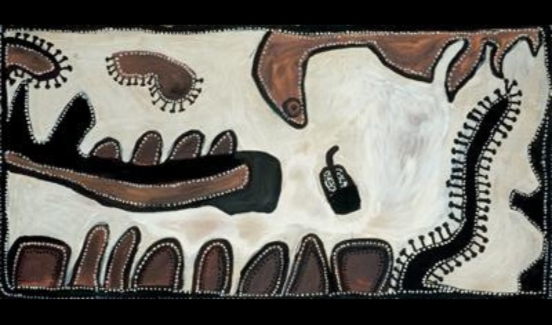 Roebuck Bay and Country by Paddy Jaminji, 1985, an East Kimberley ochre painting depicting Roebuck Bay, surrounding Country and a pearling lugger.