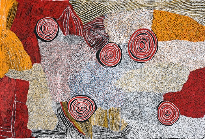 Rockholes Near the Olgas 2008 by Bill Whiskey Tjapaltjarri, with six concentric rockholes across vividly coloured dotted Country near Kata Tjuta.