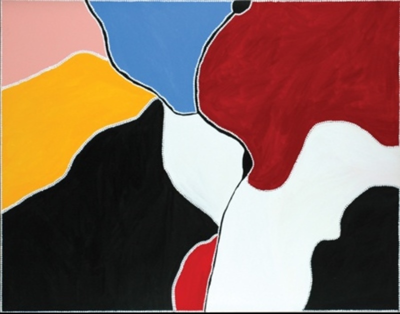 Freddie Timms Fish Hole, 1997, large painting with vivid red, yellow, blue, pink, black and white fields representing East Kimberley Country