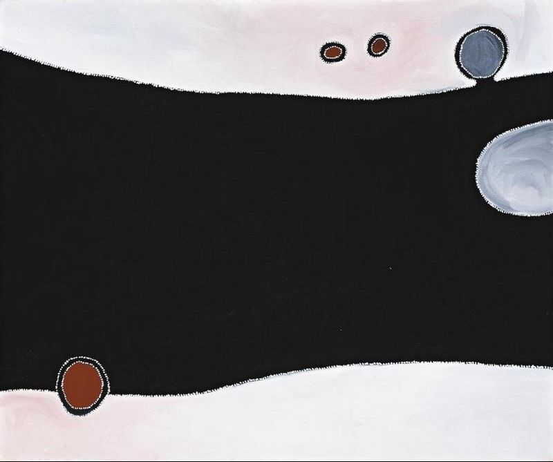 Abstract Aboriginal painting by Paddy Bedford featuring a sweeping black horizontal band, white and pale pink fields, red ochre circles and grey waterholes representing Motor Car Yard and Blanket Lizard Dreaming.