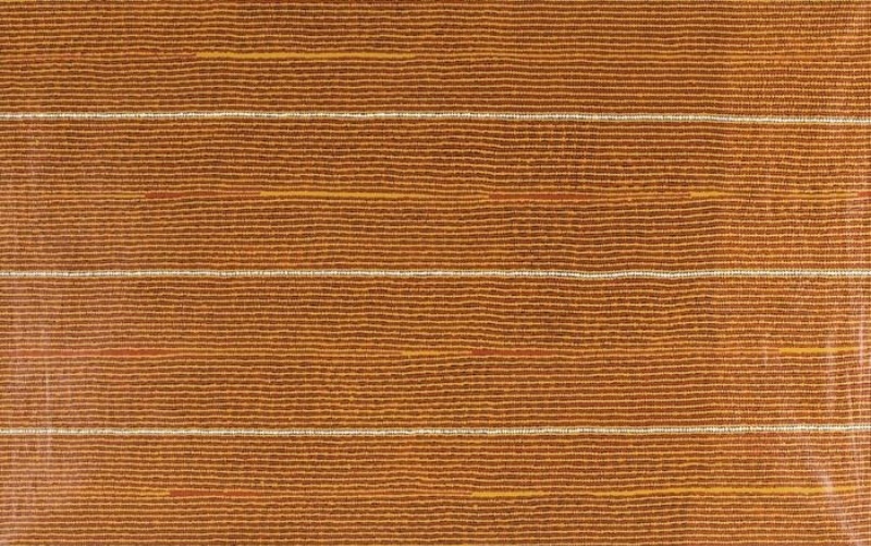 Turkey Tolson Tjupurrula Spear Straightening, 1995. Aboriginal painting composed of hundreds of fine horizontal ochre and brown lines with three thin white bands running across the canvas.