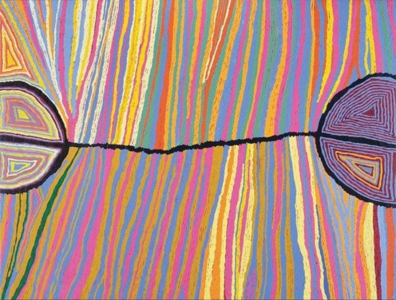 Judy Watson Napangardi painting Mina Mina Hairstring, 2005, with dense vertical bands of pink, yellow, blue, green and orange crossed by a thin black line connecting two large circular forms.