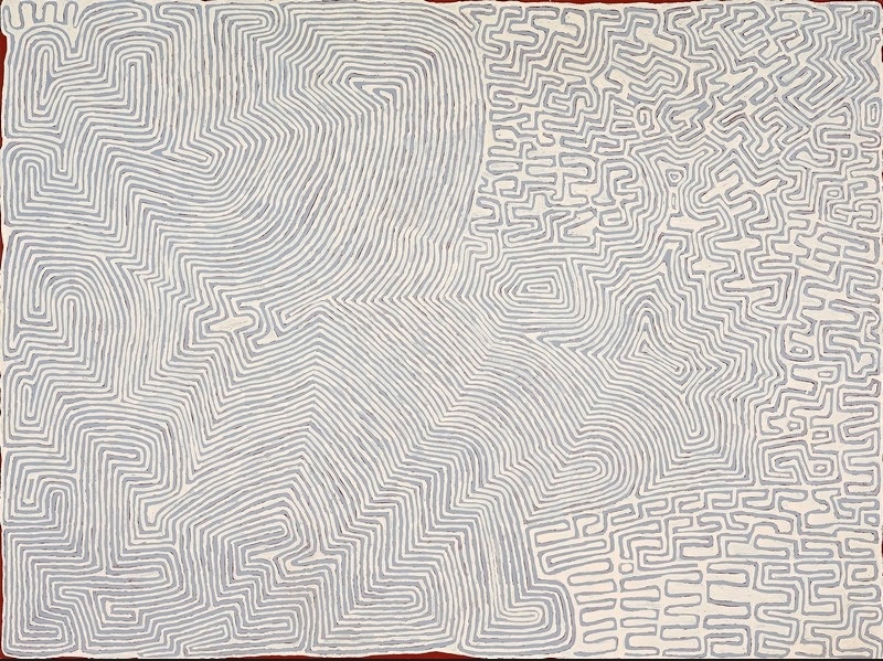 Ronnie Tjampitjinpa Tingari at Watanuma 2006 painting, with intricate grey parallel lines forming interlocking angular, curving and maze-like patterns across a pale ground.