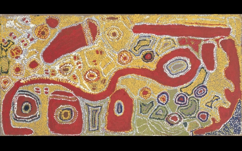 Wimmitji Tjapangarti's Untitled, 1991, with broad red ancestral forms and pathways surrounded by circular sites and dense yellow, white, green and ochre dotting.
