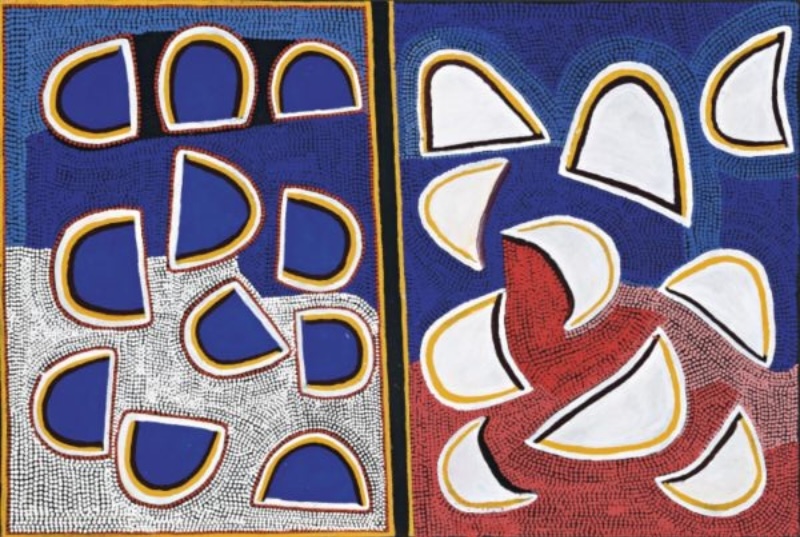 Boxer Milner’s Yakarn – The Moon (2003), with repeated blue and white crescent-like forms scattered across densely dotted fields of blue, white and red.
