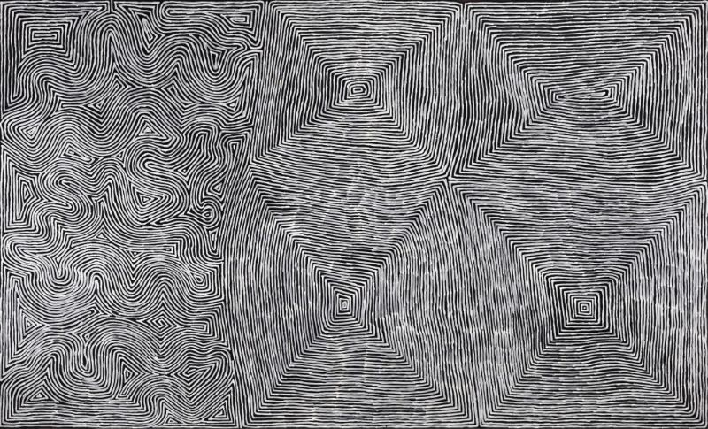 George Tjungurrayi Tingari Dreaming 2017 acrylic on linen monumental black and white parallel line painting