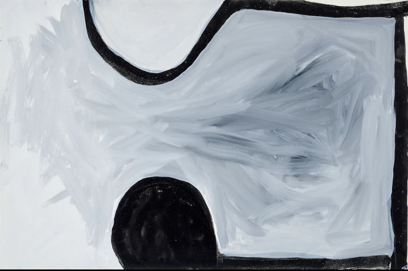 Abstract gouache painting by Paddy Bedford with sweeping grey-white brushwork, bold black forms and minimalist East Kimberley composition on crescent board.