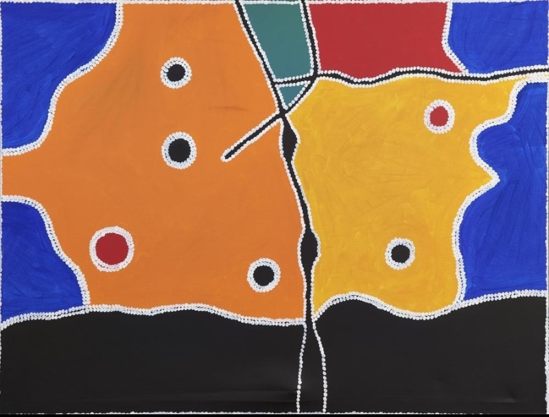 Freddie Timms Bow River, 2015 – aerial East Kimberley landscape in blue, orange, yellow and black with roads, waterholes and dotted boundaries