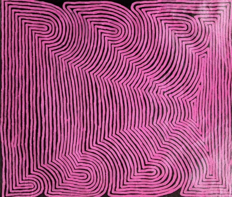 Ronnie Tjampitjinpa Rain Dreaming 2004 painting, with vivid pink parallel lines bending and interlocking into large flowing geometric forms against a black ground.