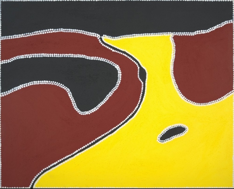 Freddie Timms Afghan Hole, 2003 – East Kimberley Aboriginal landscape painting in vivid yellow, red-brown and black with white dotted boundaries