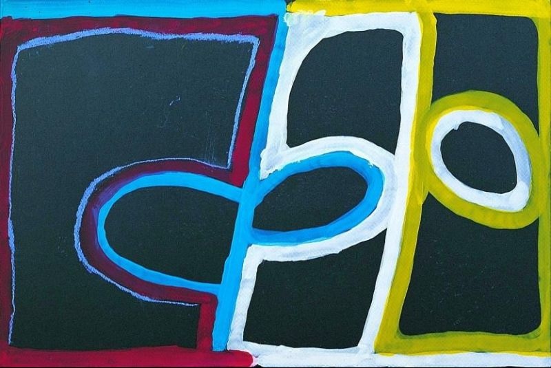 Abstract gouache painting by Paddy Bedford with bold black forms outlined in turquoise, white, crimson and yellow against a black ground, creating an energetic geometric composition.