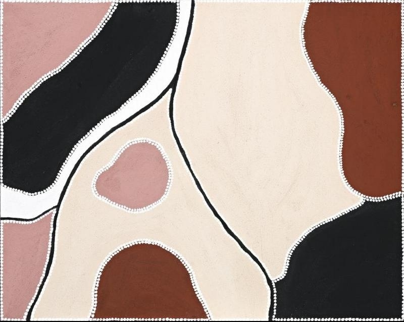Freddie Timms Six Mile 2002, Aboriginal ochre painting with large cream, black, brown and pink shapes outlined by white dots