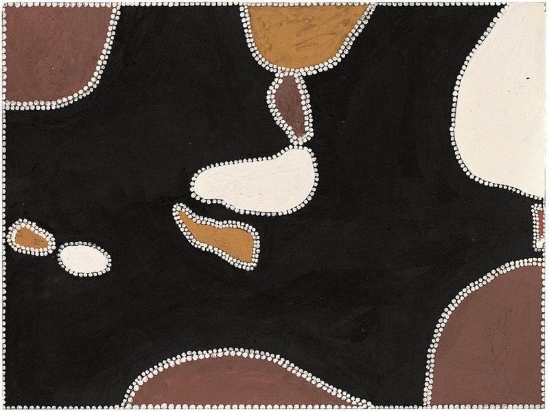 Freddie Timms Revolver Hill, 1996, ochre painting with dominant black ground and brown, white and golden ochre forms outlined by rows of white dots